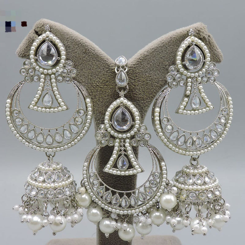 Hira Collection Silver Plated Crystal Stone And Pearls Earring With Maangtikka