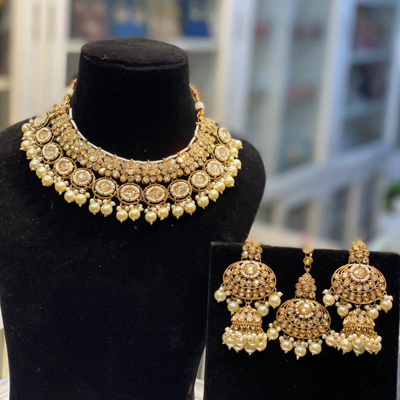 Hira Collections Gold Plated Crystal Stone And Pearls Necklace Set