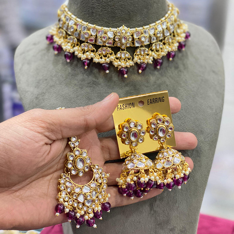 Hira Collections Gold Plated Kundan Stone And Pearl Necklace Set