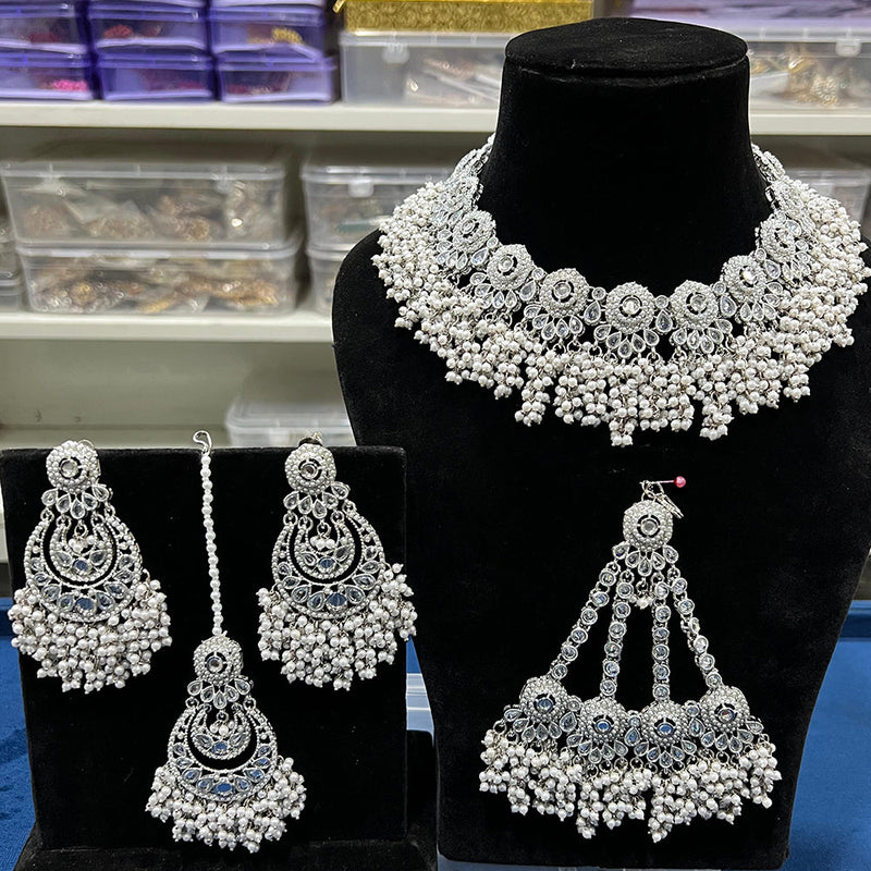 Hira Collections Silver Plated Crystal Stone And Pearl Necklace Set