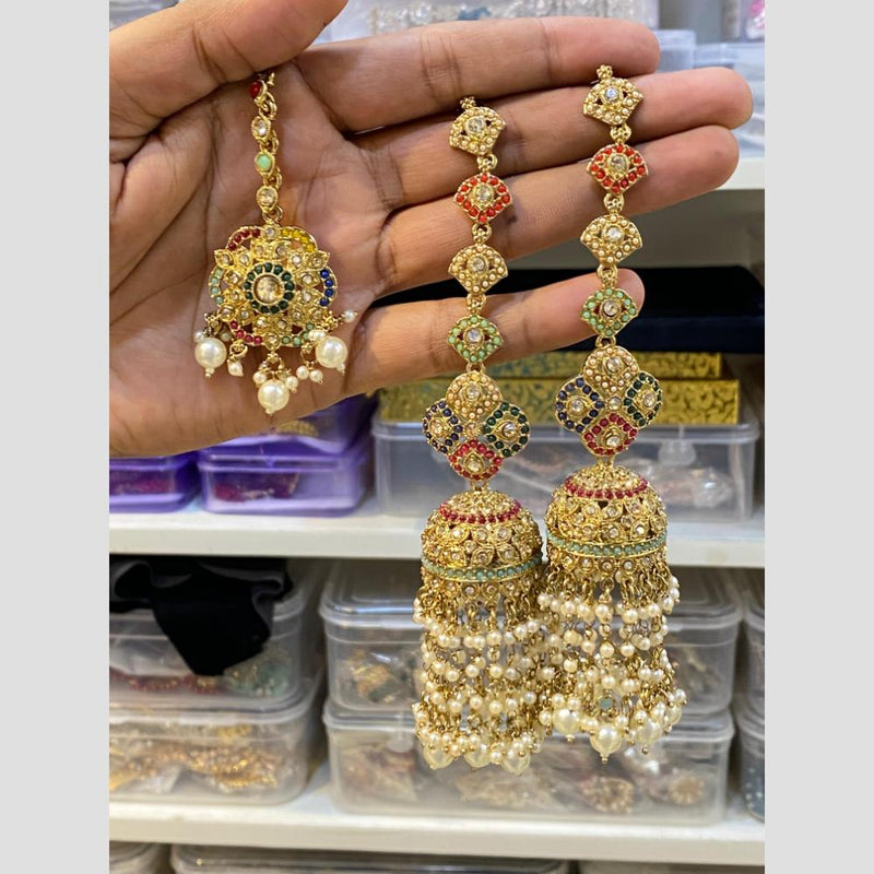 Hira Collections Gold Plated Pearl Jhumki Earrings With Maangtikka