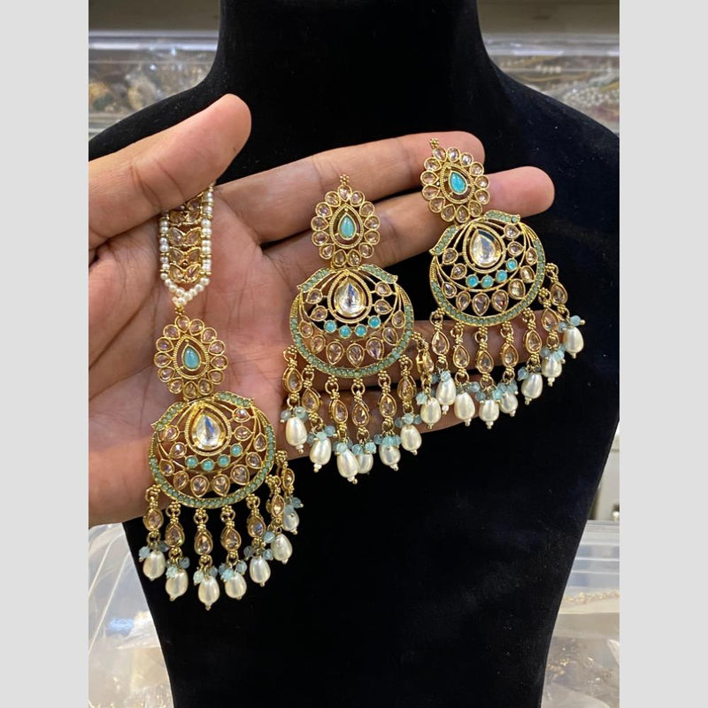 Hira Collections Gold Plated Pearl Dangler Earrings With Maangtikka