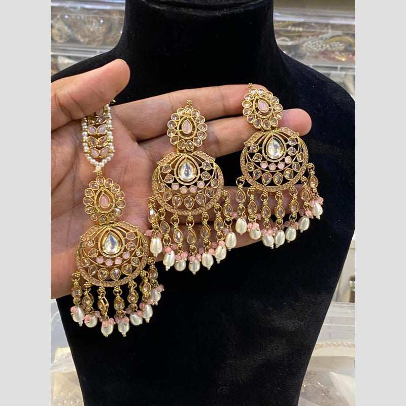 Hira Collections Gold Plated Pearl Dangler Earrings With Maangtikka