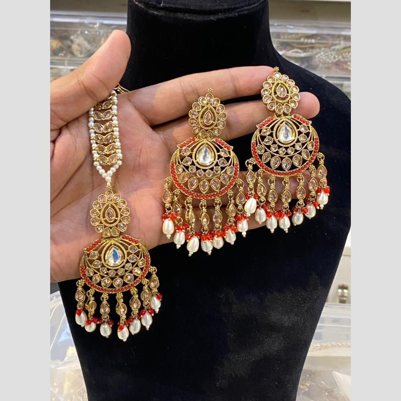 Hira Collections Gold Plated Pearl Dangler Earrings With Maangtikka