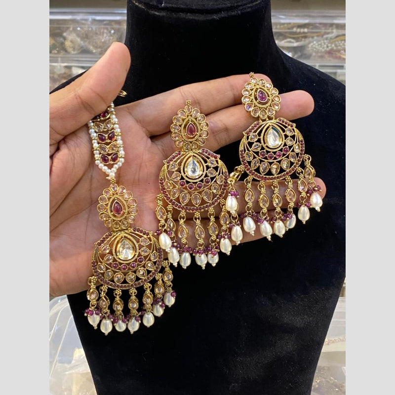 Hira Collections Gold Plated Pearl Dangler Earrings With Maangtikka