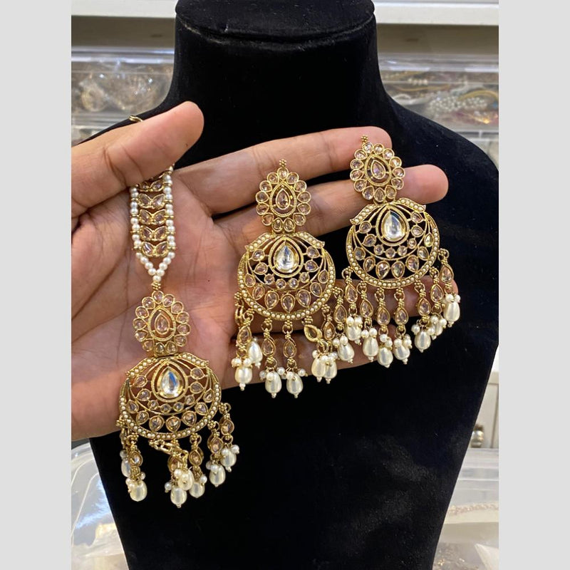 Hira Collections Gold Plated Pearl Dangler Earrings With Maangtikka