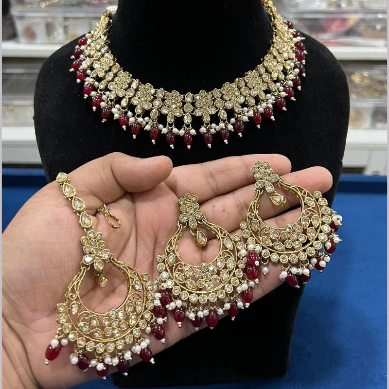 Hira Collections Gold Plated Crystal Stone And Pearls Choker Necklace Set