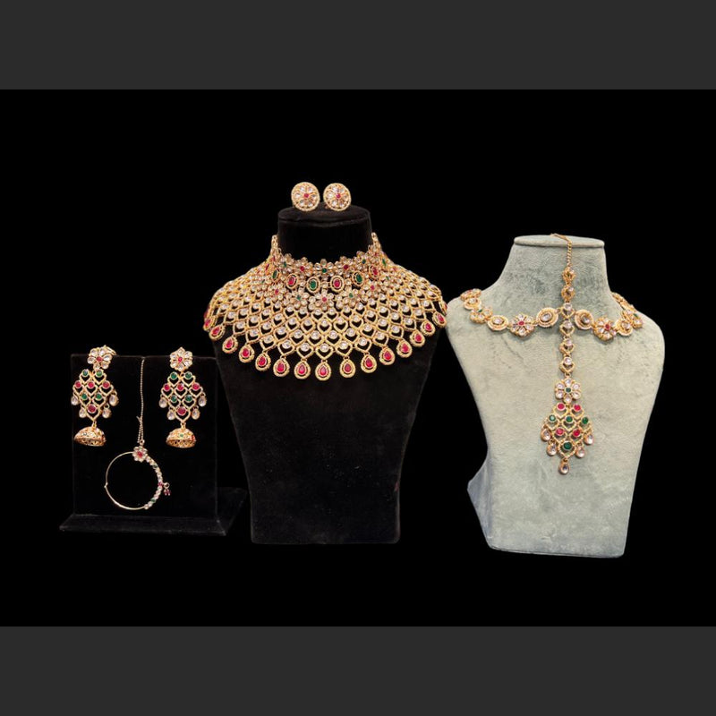 Hira Collections Gold Plated Kundan Stone Semi Bridal Necklace Set