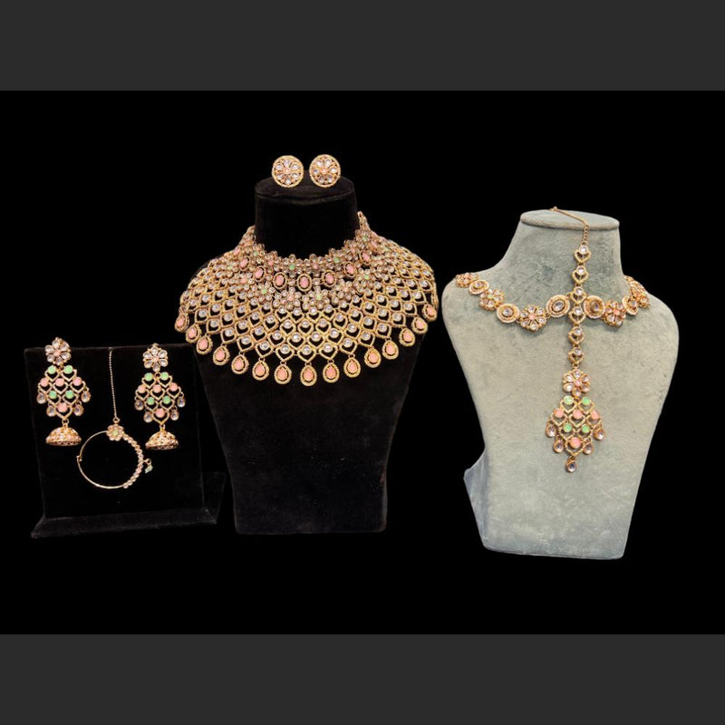 Hira Collections Gold Plated Kundan Stone Semi Bridal Necklace Set