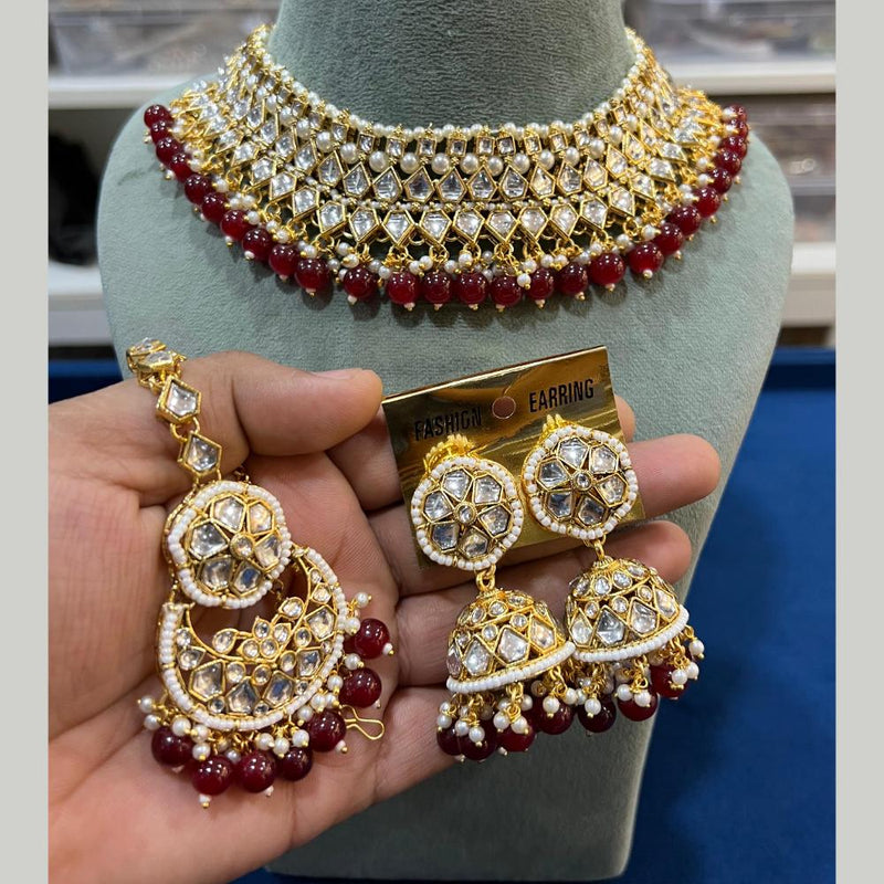 Hira Collections Gold Plated Kundan Stone And Pearls Choker Necklace Set