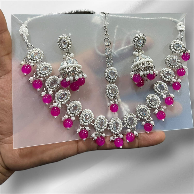 Hira Collections Silver Plated Crystal Stone And Beads Necklace Set