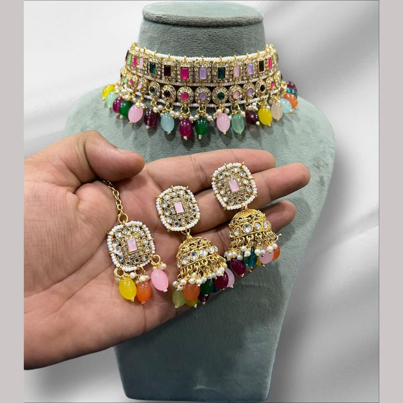 Hira Collections Gold Plated Kundan Stone And Beads Choker Necklace Set