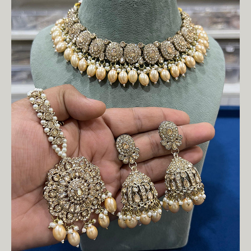 Hira Collections Gold Plated Crystal Stone And Pearls Necklace Set