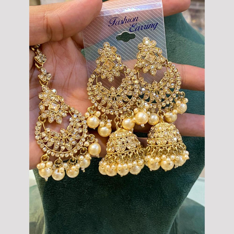 Hira Collections Gold Plated Crystal Stone And Beads Jhumki Earrings With Maangtikka