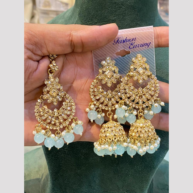 Hira Collections Gold Plated Crystal Stone And Beads Jhumki Earrings With Maangtikka