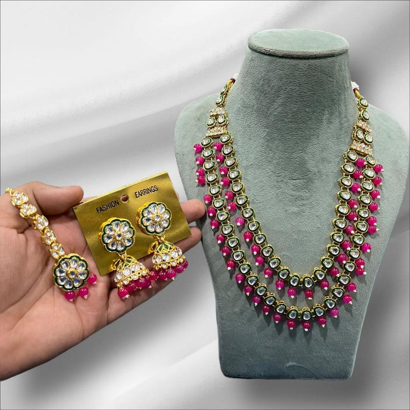 Hira Collections Gold Plated Kundan Stone And Beads Meenakari Necklace Set