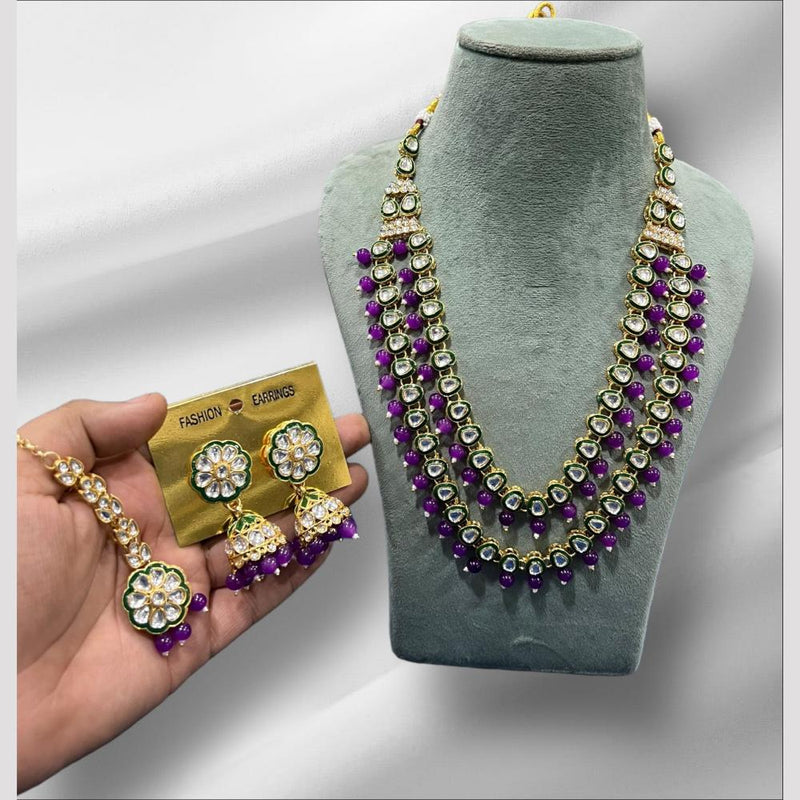 Hira Collections Gold Plated Kundan Stone And Beads Meenakari Necklace Set