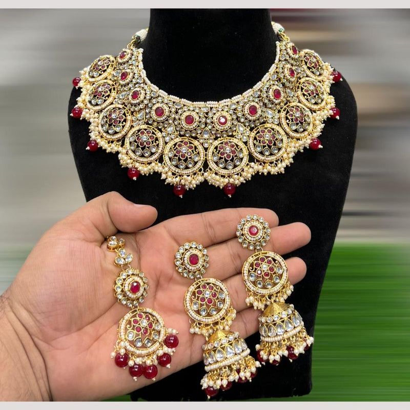 Hira Collections Gold Plated Kundan Stone & Beads Choker Necklace Set