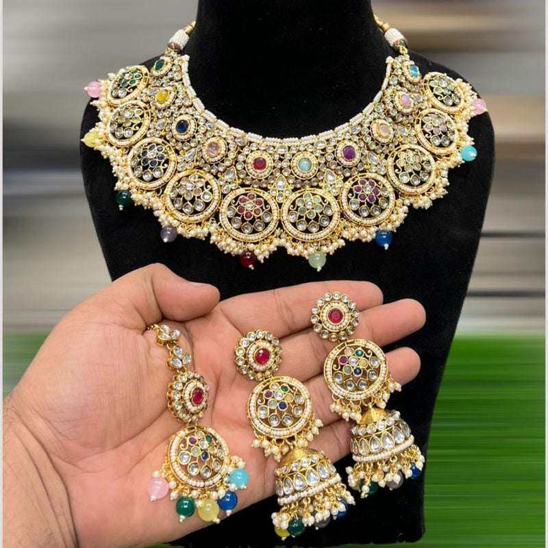 Hira Collections Gold Plated Kundan Stone & Beads Choker Necklace Set