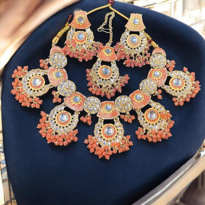 Hira Collections Gold Plated Kundan Stone & Pearls Meenakari Necklace Set