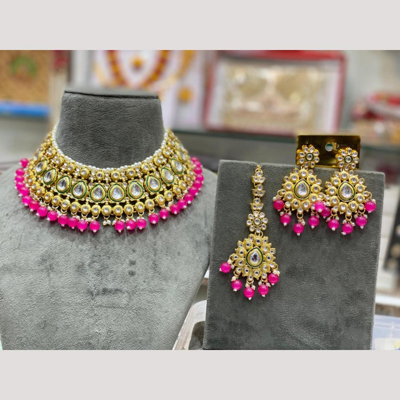 Hira Collections Gold Plated Kundan Stone And Beads Meenakari Choker Necklace Set