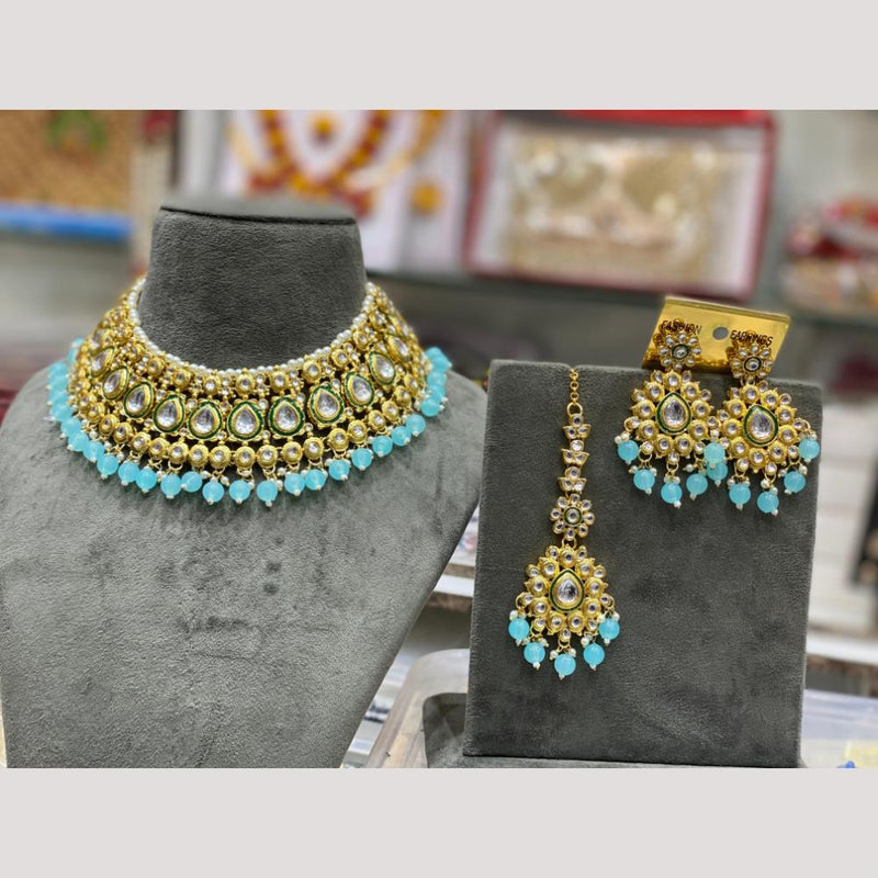 Hira Collections Gold Plated Kundan Stone And Beads Meenakari Choker Necklace Set