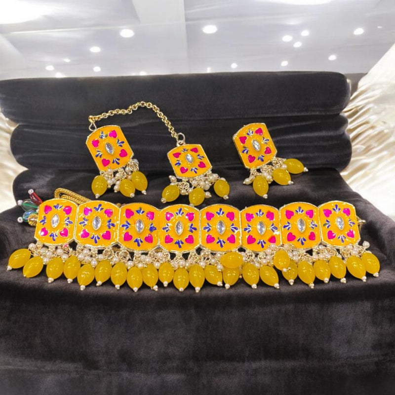 Hira Collections Gold Plated Kundan Stone & Beads Meenakari Choker Necklace Set