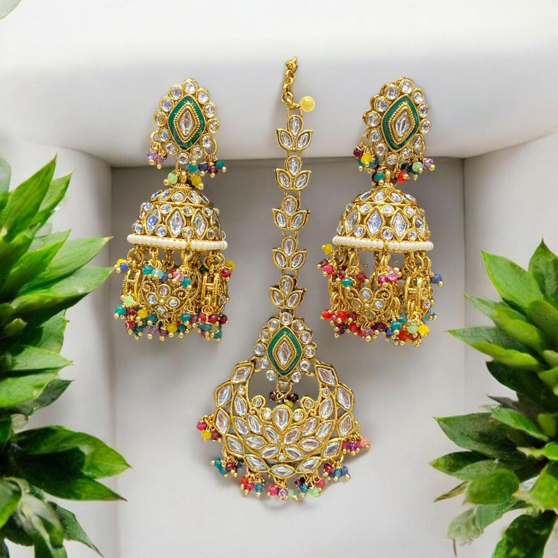 Hira Collections Gold Plated Kundan Stone And Meenakari Dangler Earrings Maangtikka