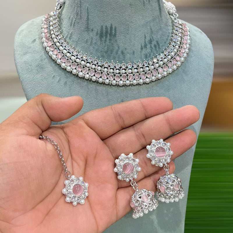 Hira Collections Silver Plated Crystal Stone And Pearls Necklace Set