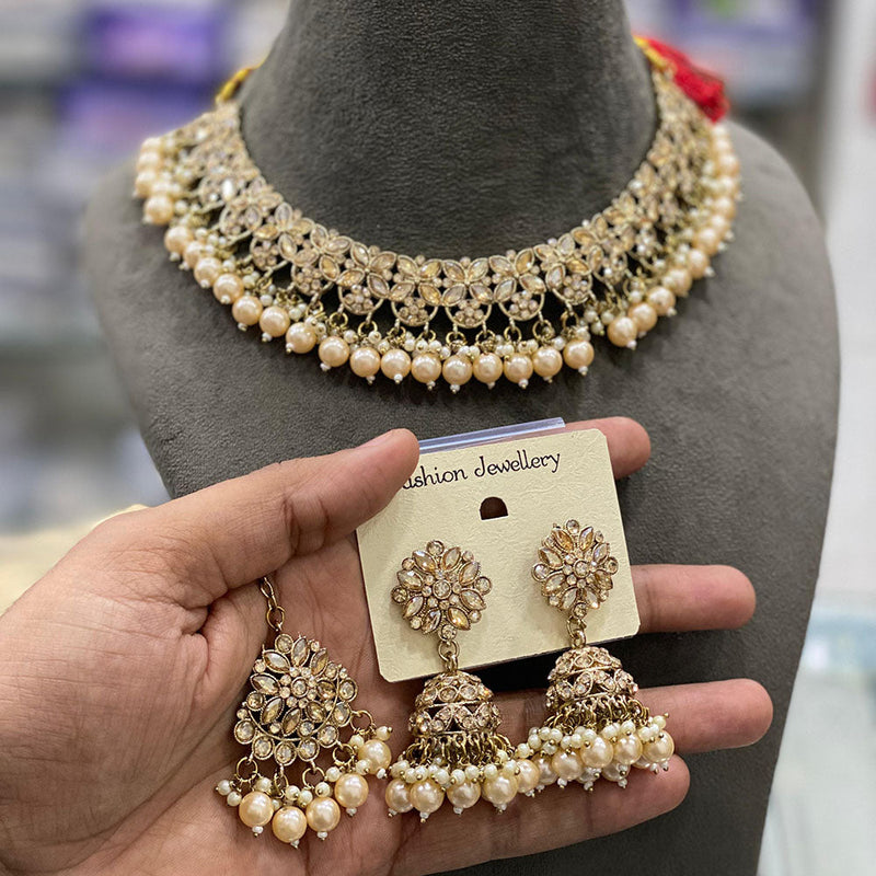 Hira Collections Gold Plated Crystal Stone And Pearls Necklace Set