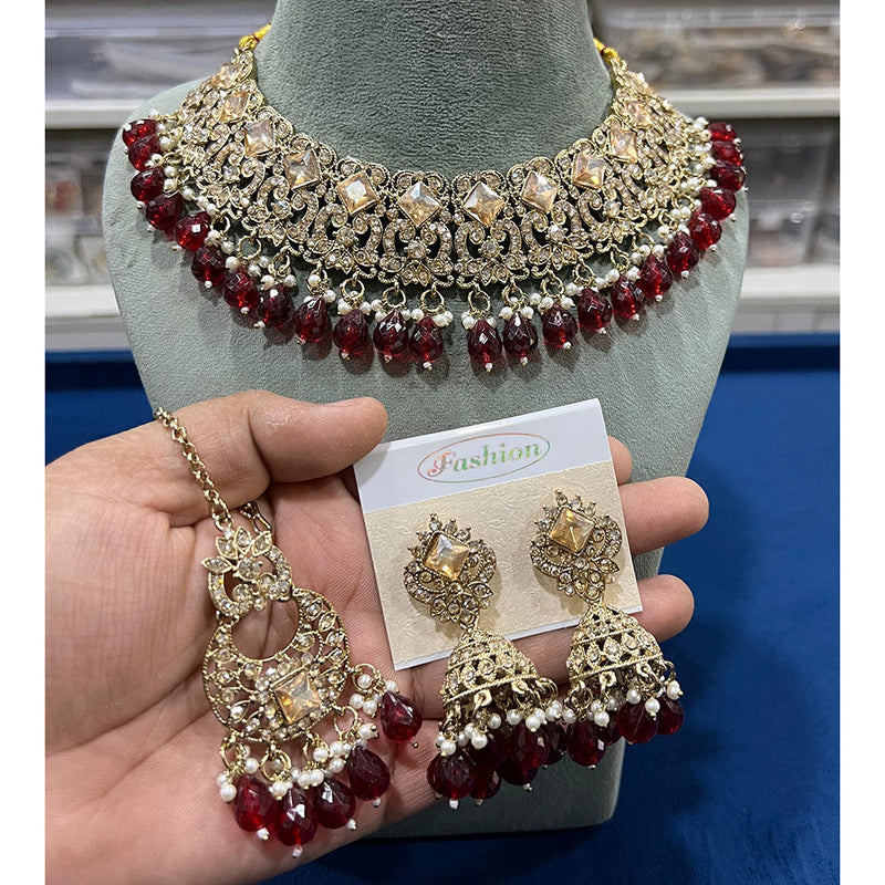 Hira Collections Gold Plated Crystal Stone And Beads Necklace Set