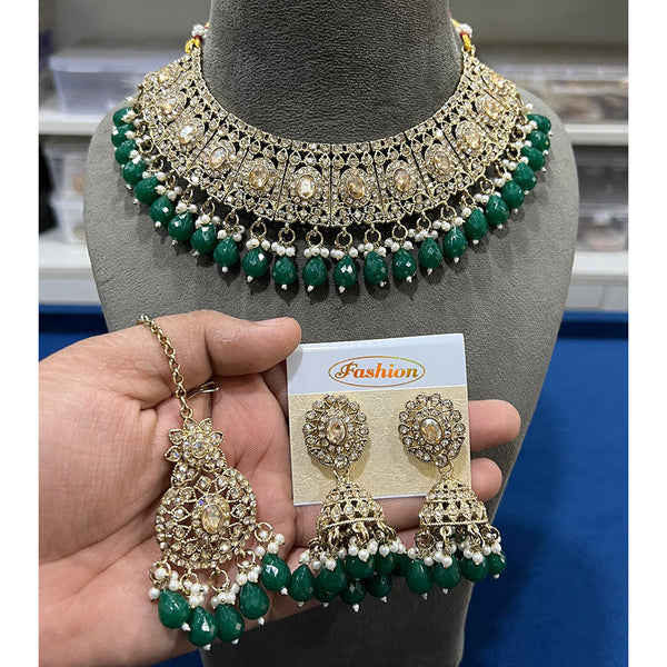 Hira Collections Gold Plated Crystal Stone And Beads Necklace Set