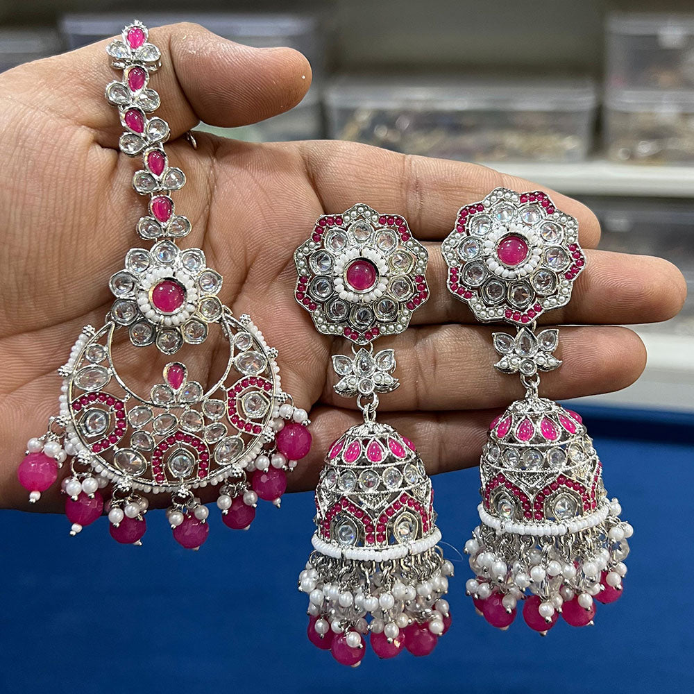 Hira Collections Silver Plated Crystal Stone And Pearls Jhumki Earrings With Maangtikka