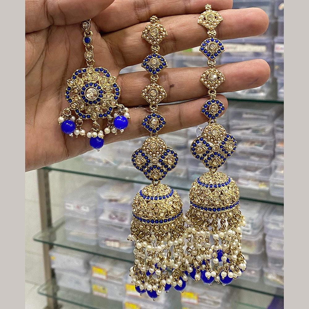 Hira Collections Gold Plated Crystal Stone And Pearls Jhumki Earrings With Maangtikka