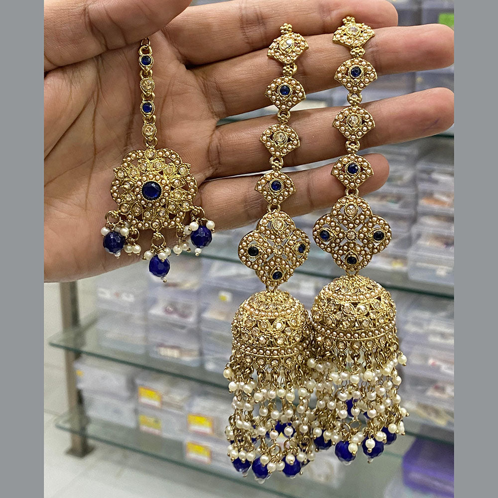 Hira Collections Gold Plated Crystal Stone And Pearls Jhumki Earrings With Maangtikka
