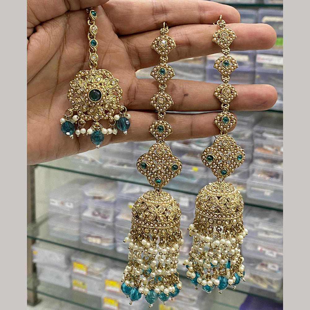 Hira Collections Gold Plated Crystal Stone And Pearls Jhumki Earrings With Maangtikka