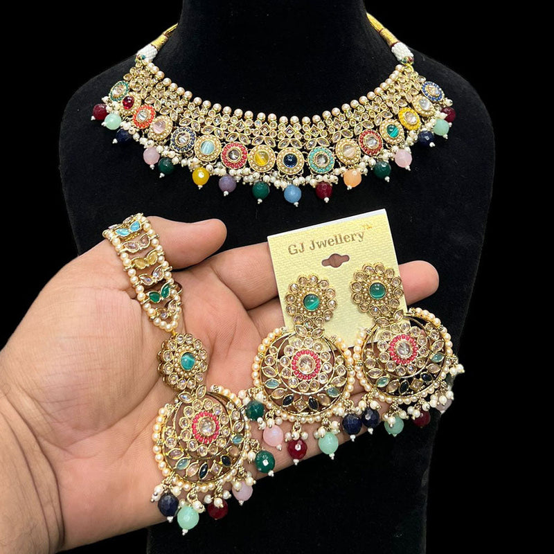 Hira Collections Gold Plated Crystal Stone And Beads Necklace Set