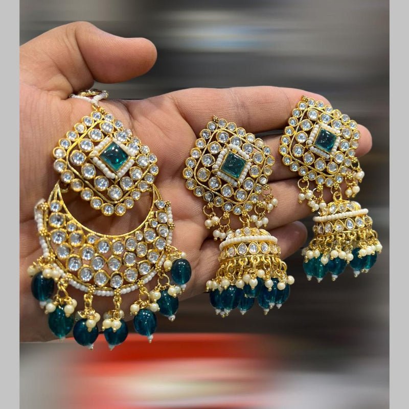 Hira Collections Gold Plated Kundan Stone And Beads Jhumki With Maangtikka