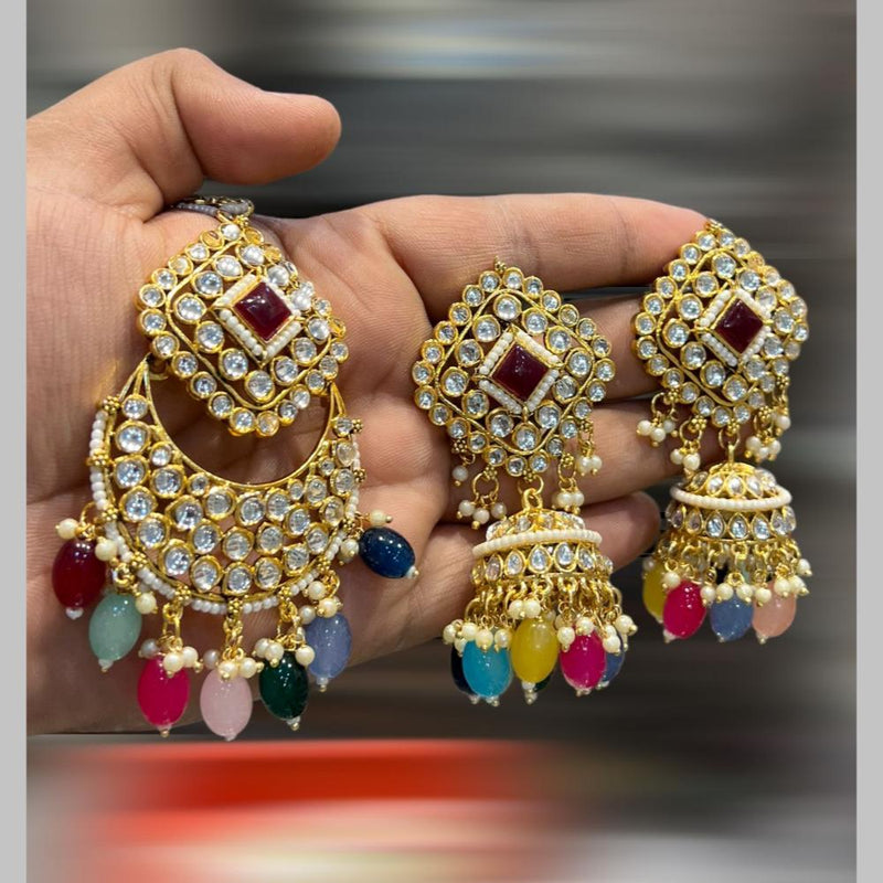 Hira Collections Gold Plated Kundan Stone And Beads Jhumki With Maangtikka