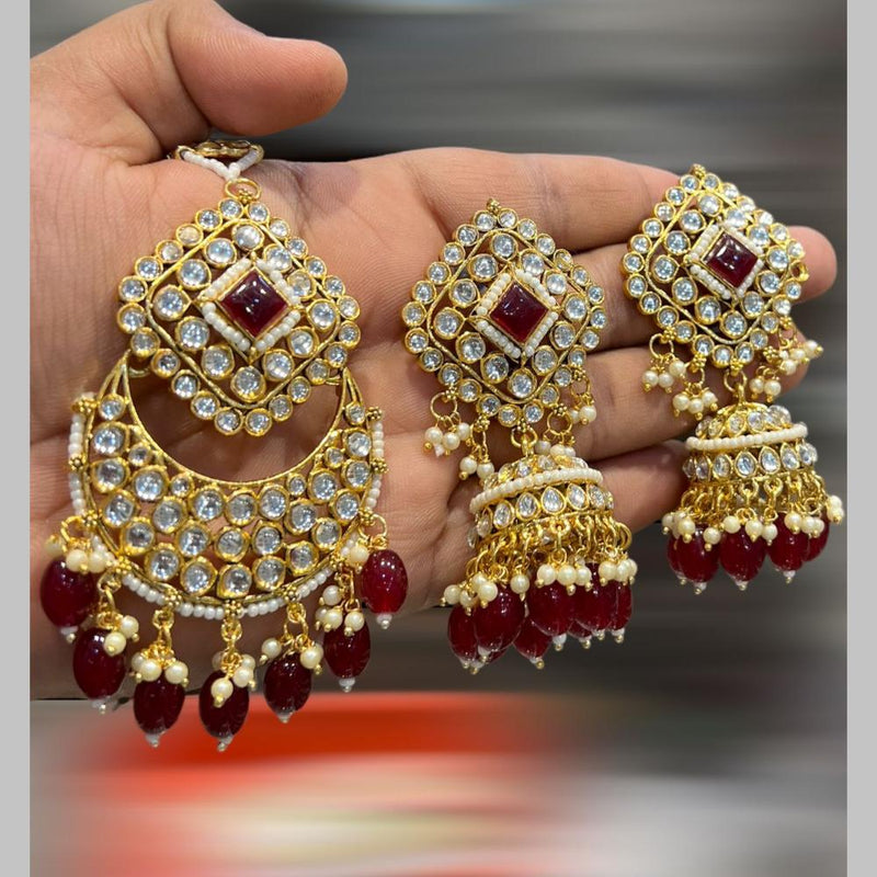 Hira Collections Gold Plated Kundan Stone And Beads Jhumki With Maangtikka