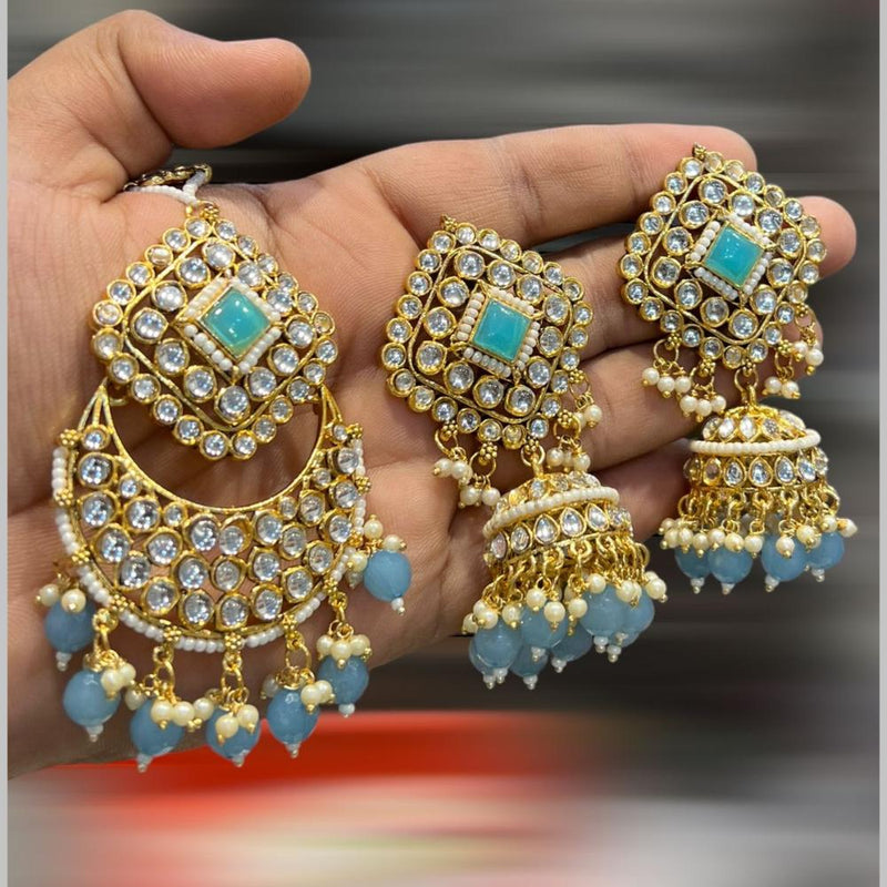 Hira Collections Gold Plated Kundan Stone And Beads Jhumki With Maangtikka