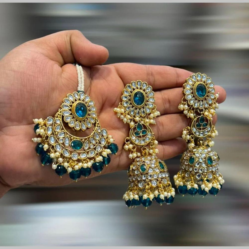 Hira Collections Gold Plated Kundan Stone And Beads Jhumki With Maangtikka