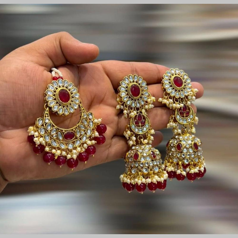 Hira Collections Gold Plated Kundan Stone And Beads Jhumki With Maangtikka