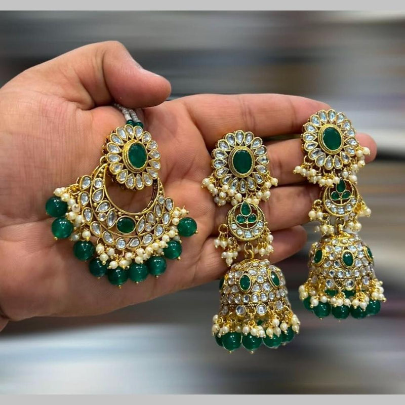 Hira Collections Gold Plated Kundan Stone And Beads Jhumki With Maangtikka