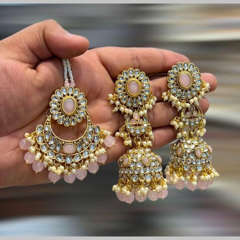 Hira Collections Gold Plated Kundan Stone And Beads Jhumki With Maangtikka