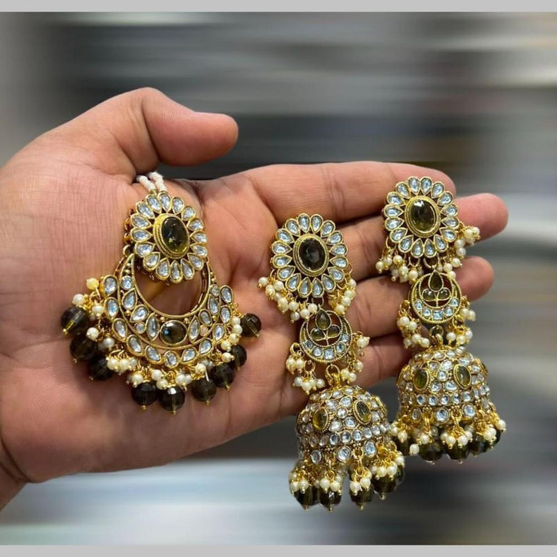 Hira Collections Gold Plated Kundan Stone And Beads Jhumki With Maangtikka