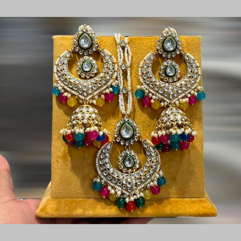 Hira Collections Gold Plated Kundan Stone And Beads Jhumki With Maangtikka