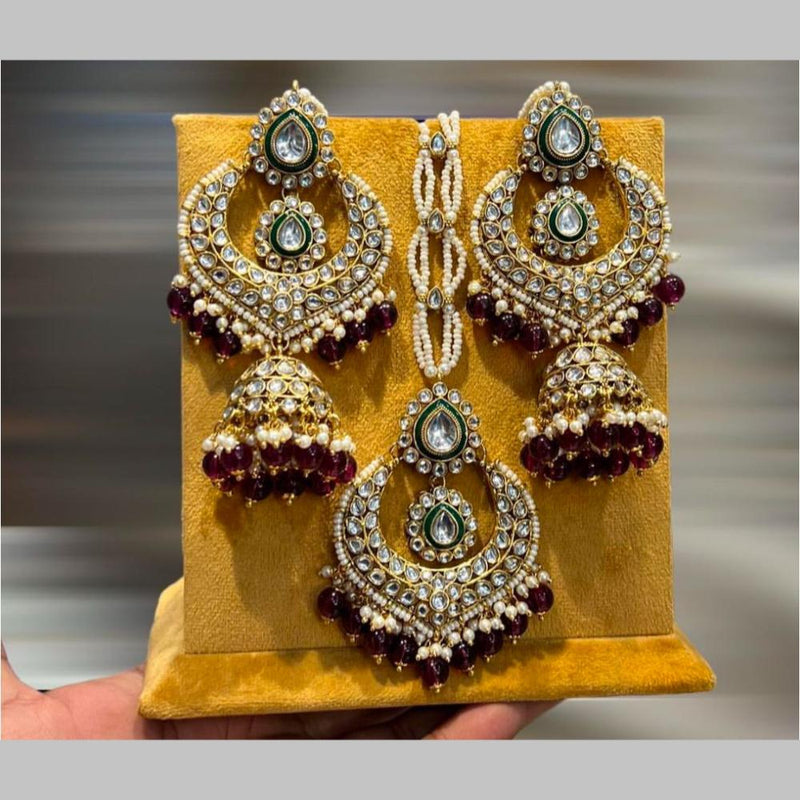 Hira Collections Gold Plated Kundan Stone And Beads Jhumki With Maangtikka