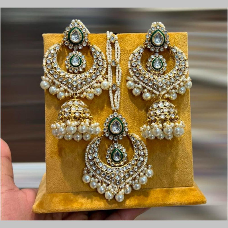 Hira Collections Gold Plated Kundan Stone And Beads Jhumki With Maangtikka