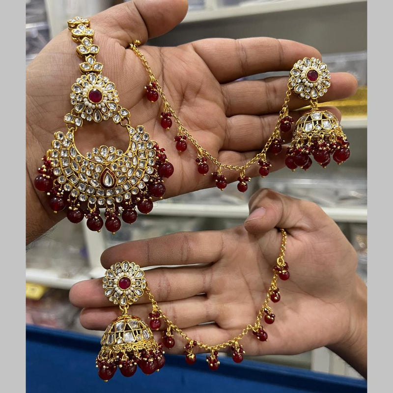 Hira Collections Gold Plated Kundan Stone And Beads Jhumki With Maangtikka